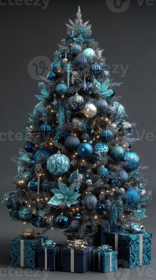 Elegant blue Christmas tree adorned with ornaments and present boxes in festive decoration photo