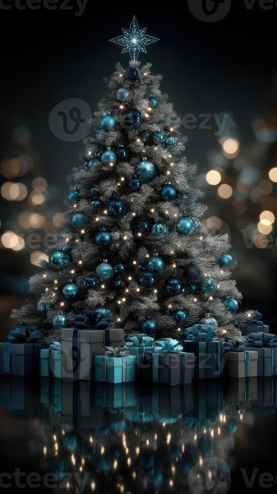Beautifully decorated Christmas tree with blue ornaments and gifts in a festive atmosphere photo