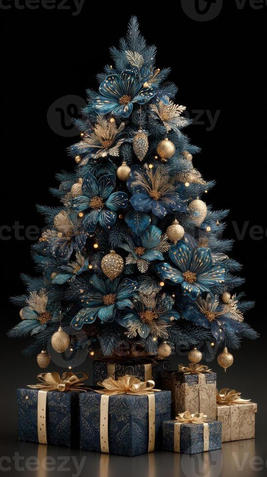 Elegant blue and gold Christmas tree adorned with flowers and ornaments in a festive display photo
