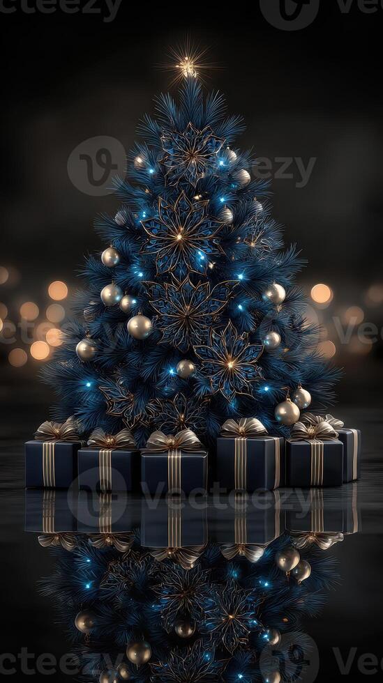 Elegant Christmas tree adorned with blue decorations and golden accents, surrounded by beautifully wrapped gifts photo