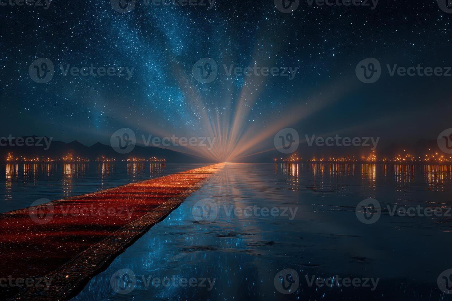 Vibrant light beams emerge from a distant horizon over serene waters at night in a tranquil setting photo