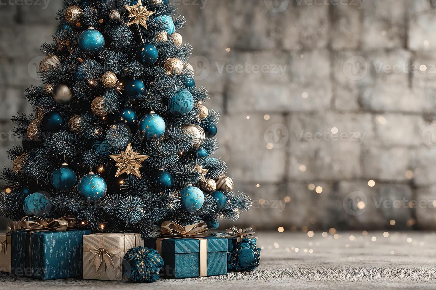 Decorative Christmas tree adorned with blue and gold ornaments surrounded by wrapped gifts in a cozy setting photo