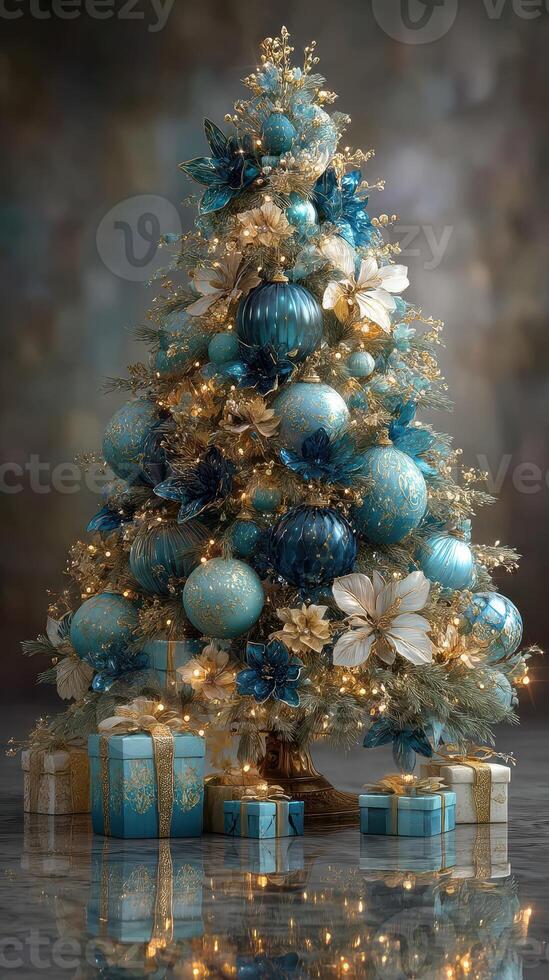 Beautifully decorated Christmas tree featuring blue and gold ornaments with glowing lights and presents beneath photo