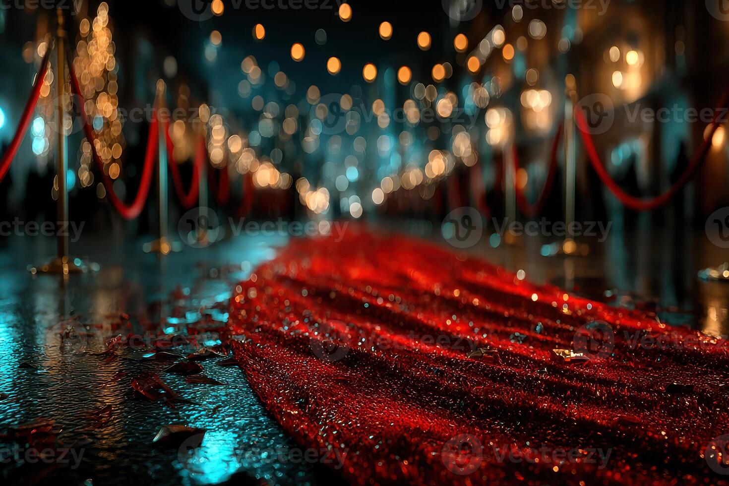 Elegant red carpet event in a city filled with festive lights during a starry night photo