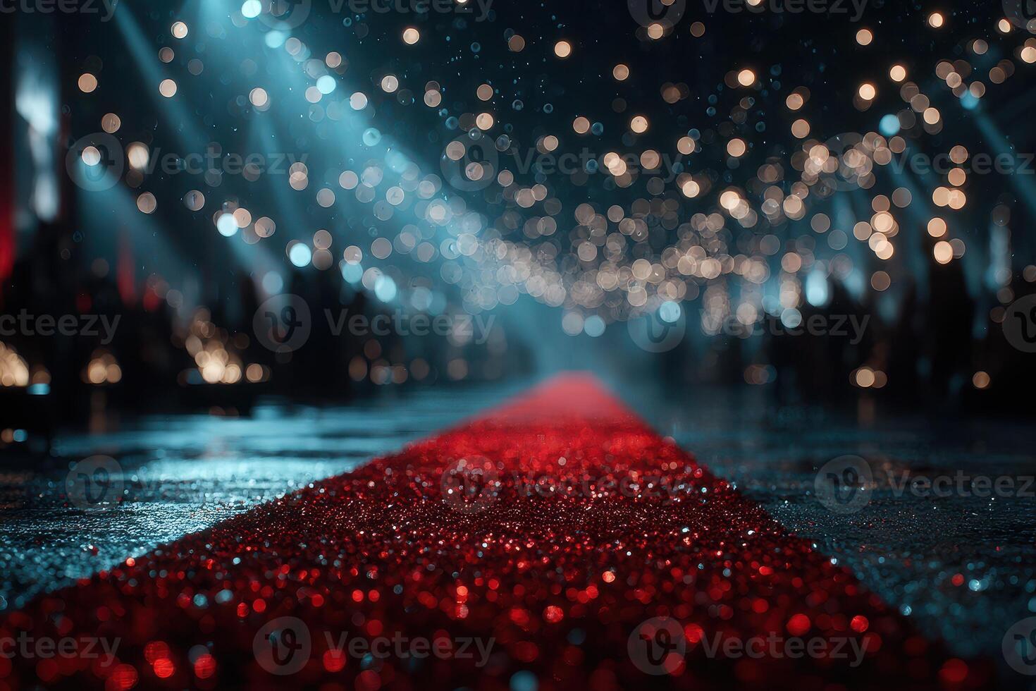 Glistening red carpet at a glamorous event under sparkling lights in an upscale venue photo
