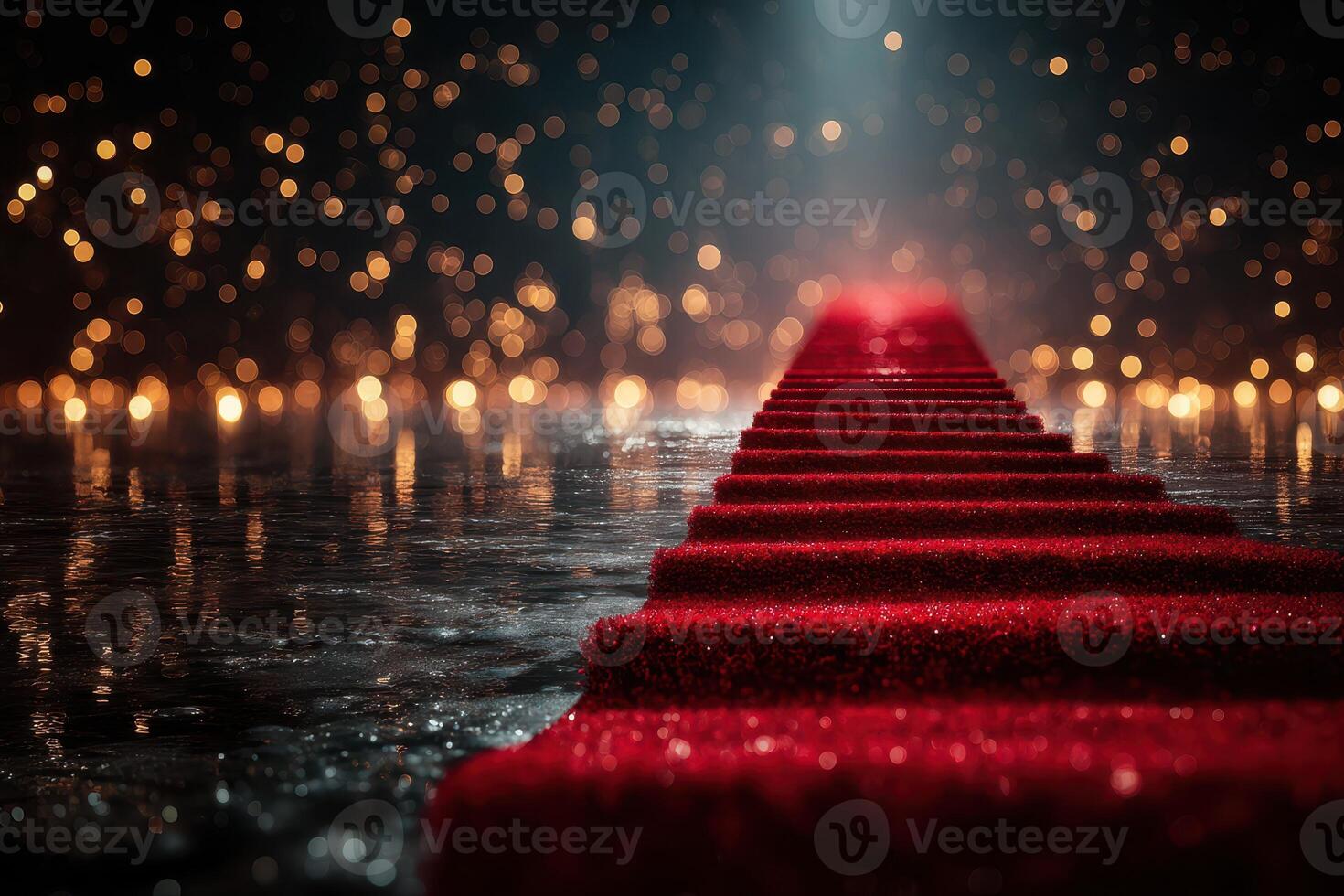 Red carpet leading to a spotlight amidst shimmering lights creating a glamorous atmosphere for an event photo