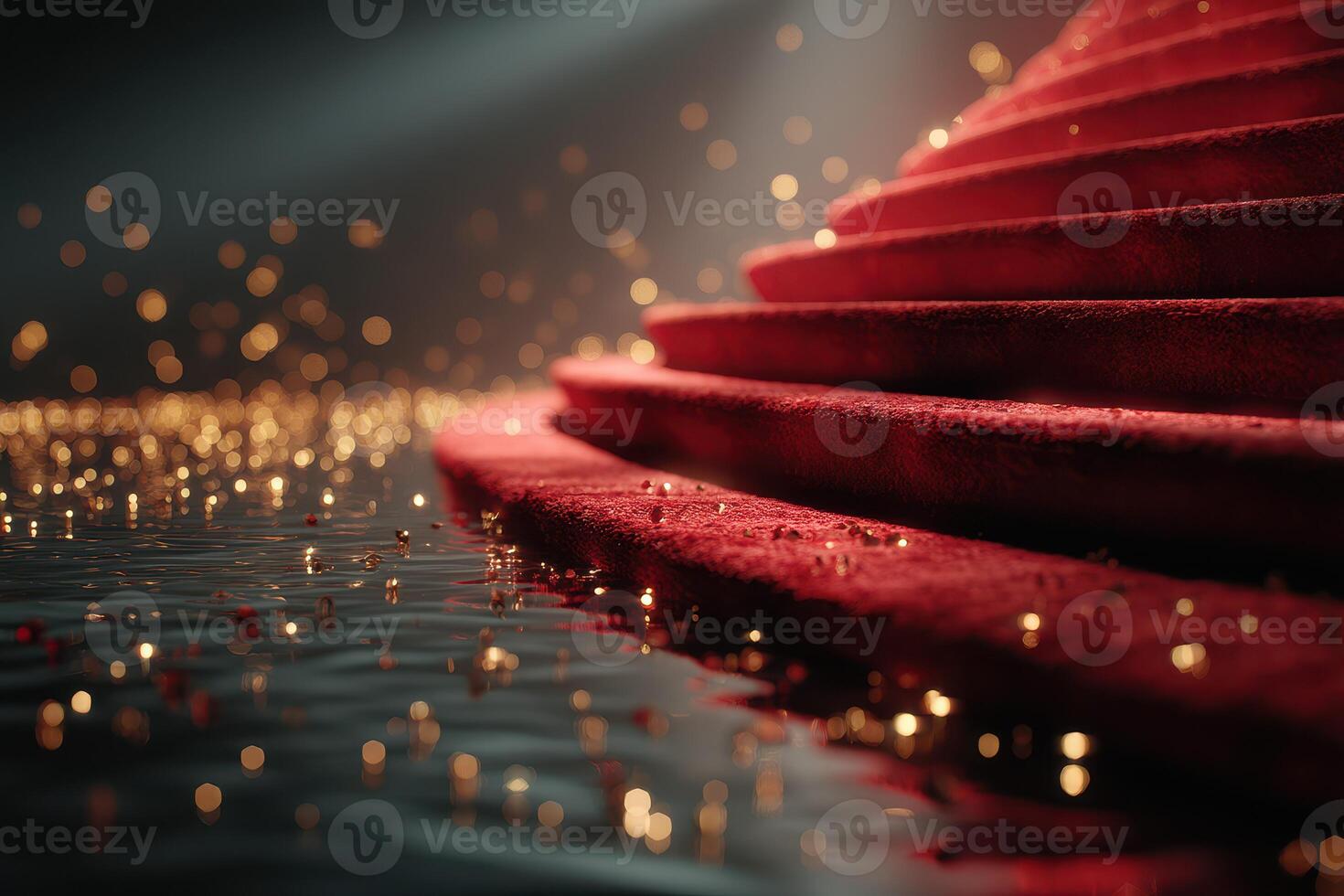 Elegant red carpet steps with golden accents creating a luxurious atmosphere during a glamorous event at night photo