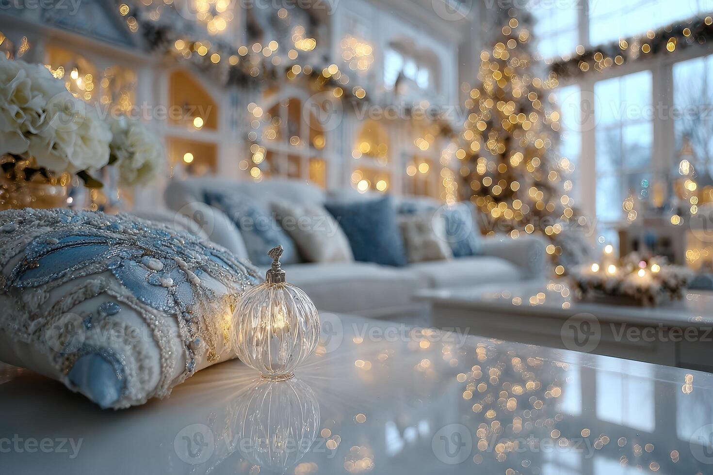 Cozy winter living room decorated with festive lights and a beautifully adorned Christmas tree photo