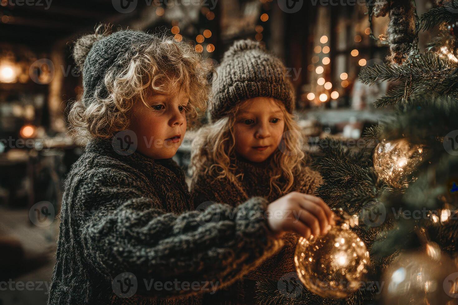 Children decorating a Christmas tree with warm lights and ornaments in a cozy setting during winter festivities photo