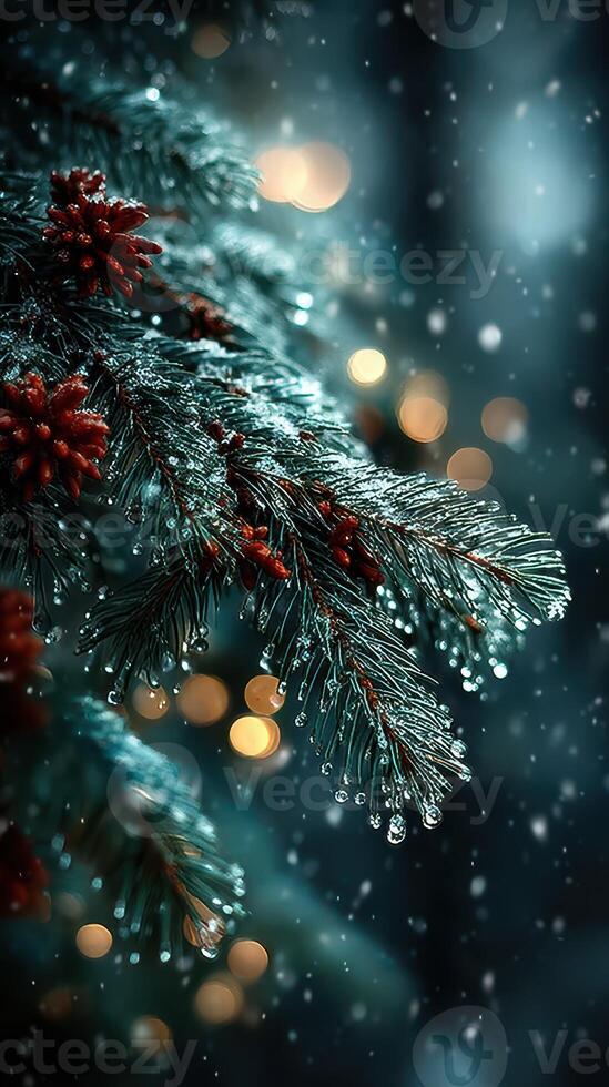 Close-up view of frosty pine branches with red cones glistening in falling snow during winter twilight photo