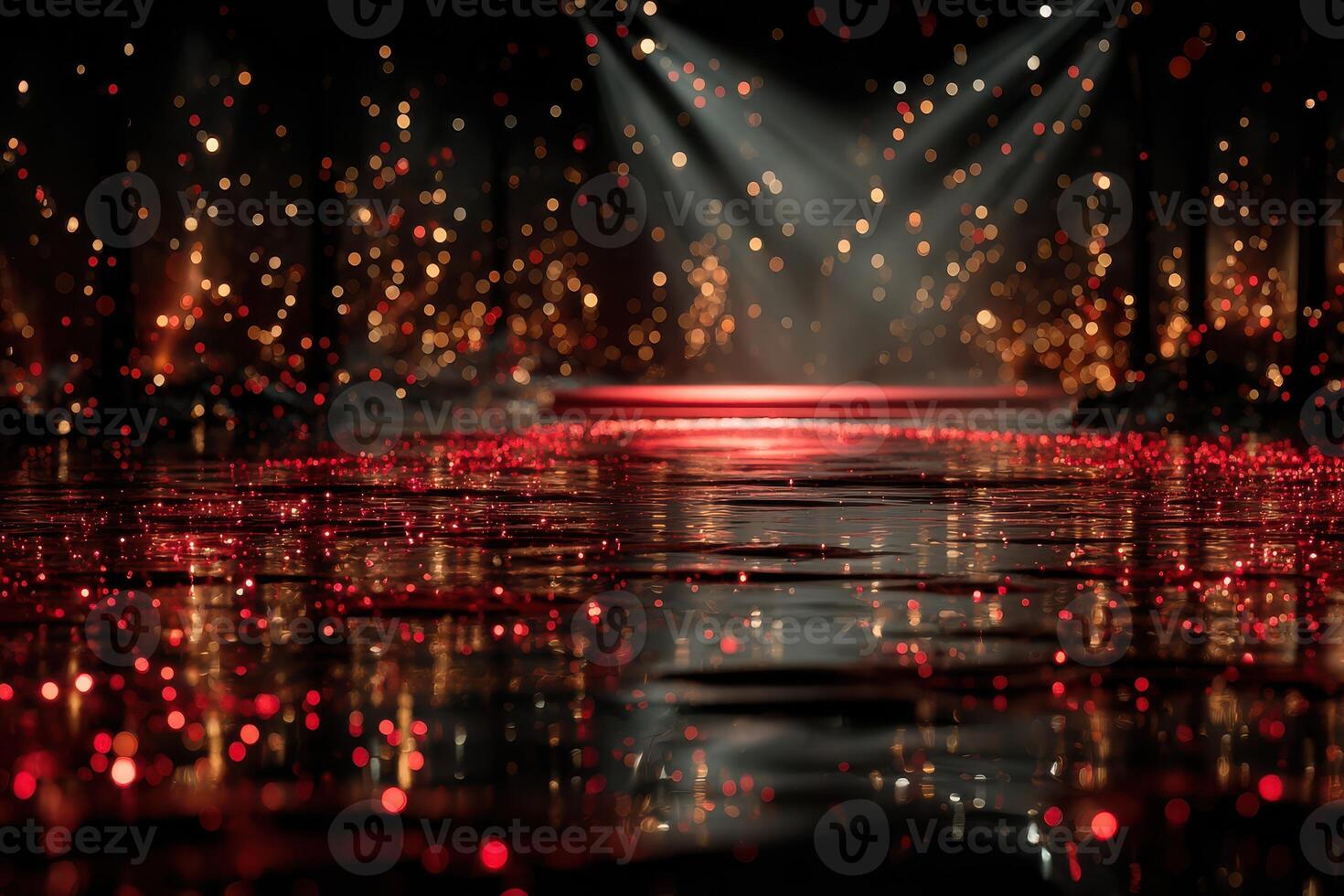 Stylish runway with shimmering lights and reflective water surface during a nighttime event in a creative venue photo