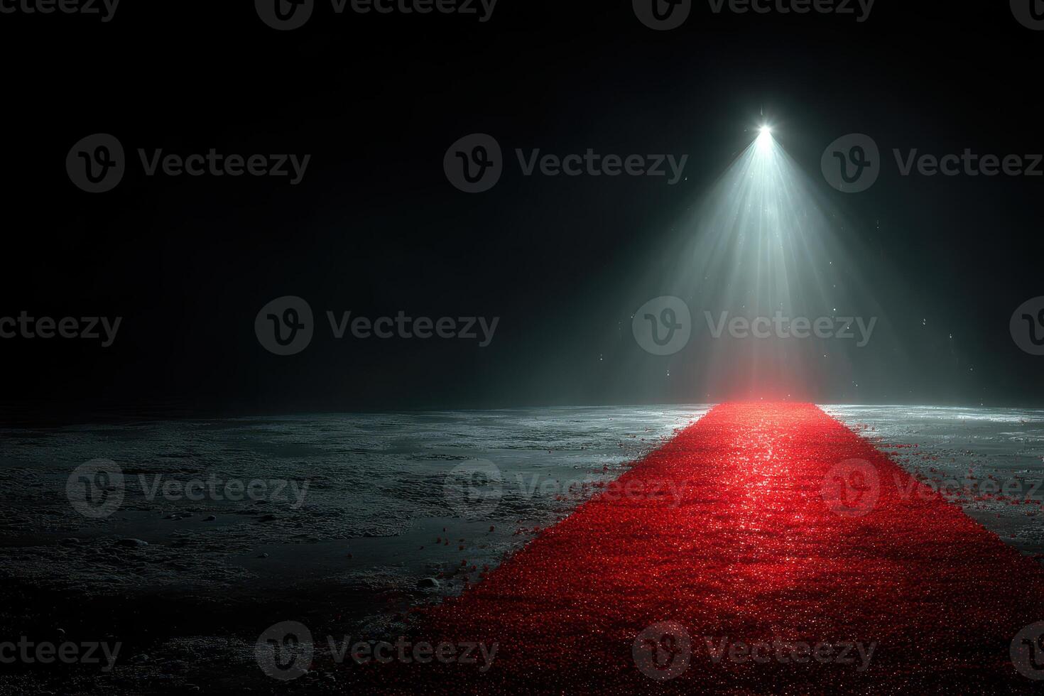 Dramatic lighting illuminates a red carpet leading into darkness during a mysterious event photo