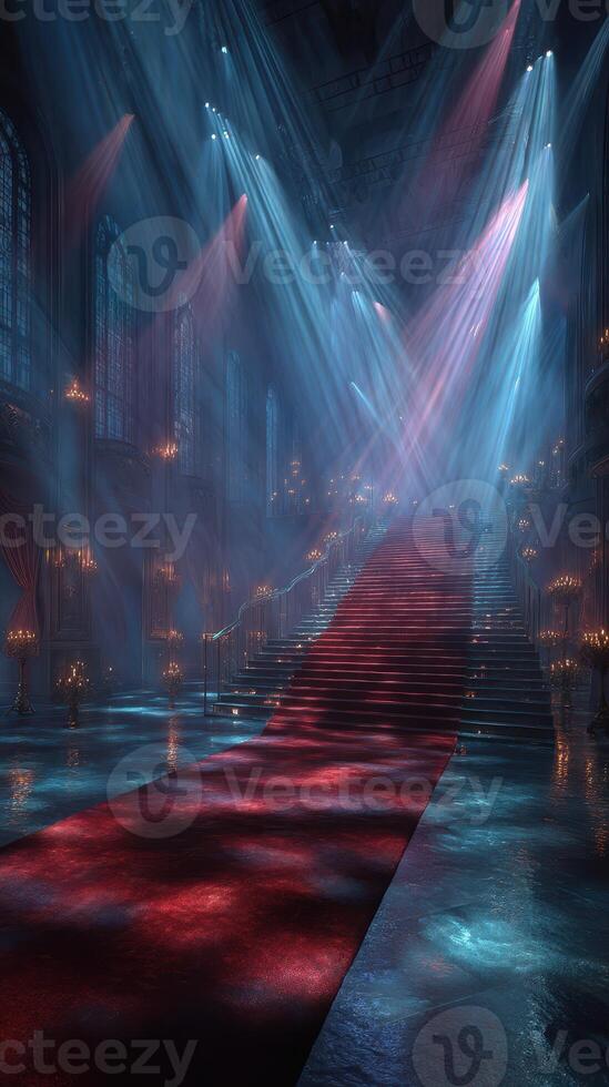 Majestic staircase illuminated by colorful lights in an enchanting hall during evening hours photo