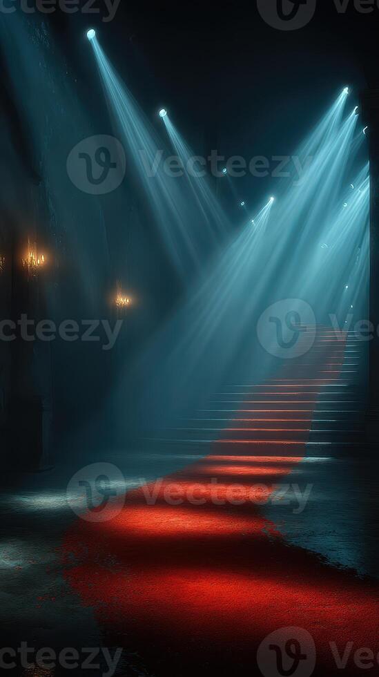 Dramatic entrance with red carpet illuminated by soft blue lights in a dimly lit venue photo