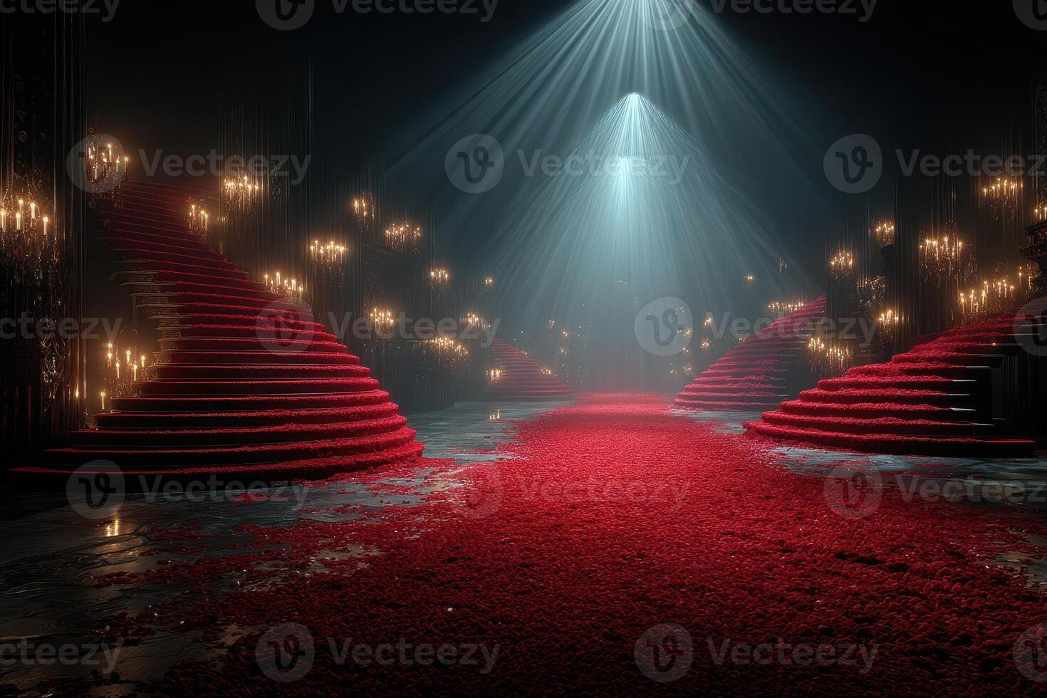 Elegant red carpet leading up to illuminated staircases in a grand hall at night during an enchanting event setup photo