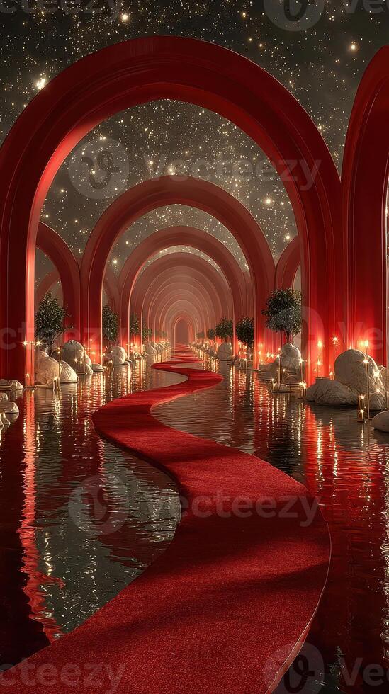 Elegant red pathway glimmers under a starry sky in a surreal architectural setting photo