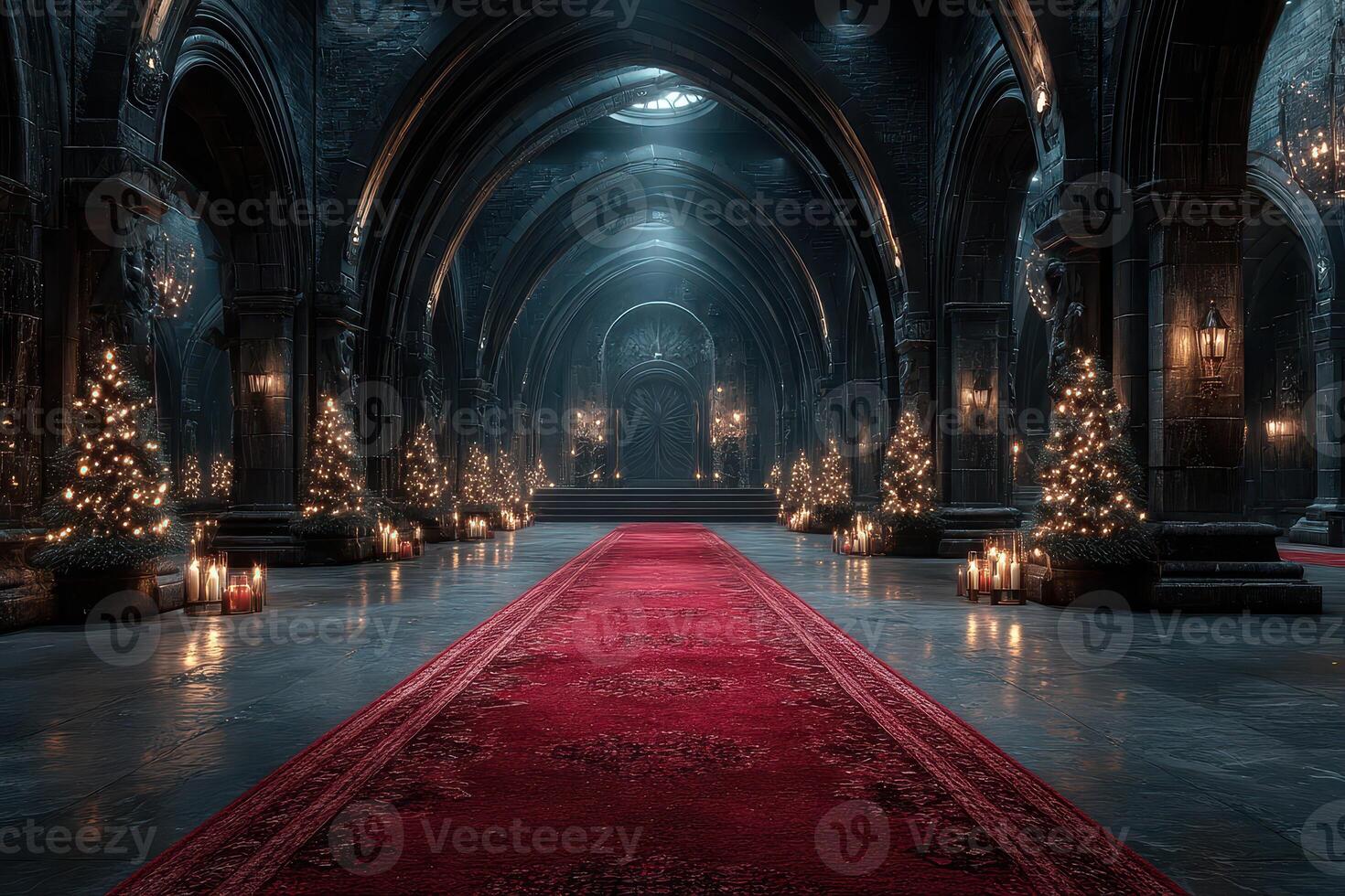 Gothic hall decorated with Christmas trees and candles during a festive evening photo
