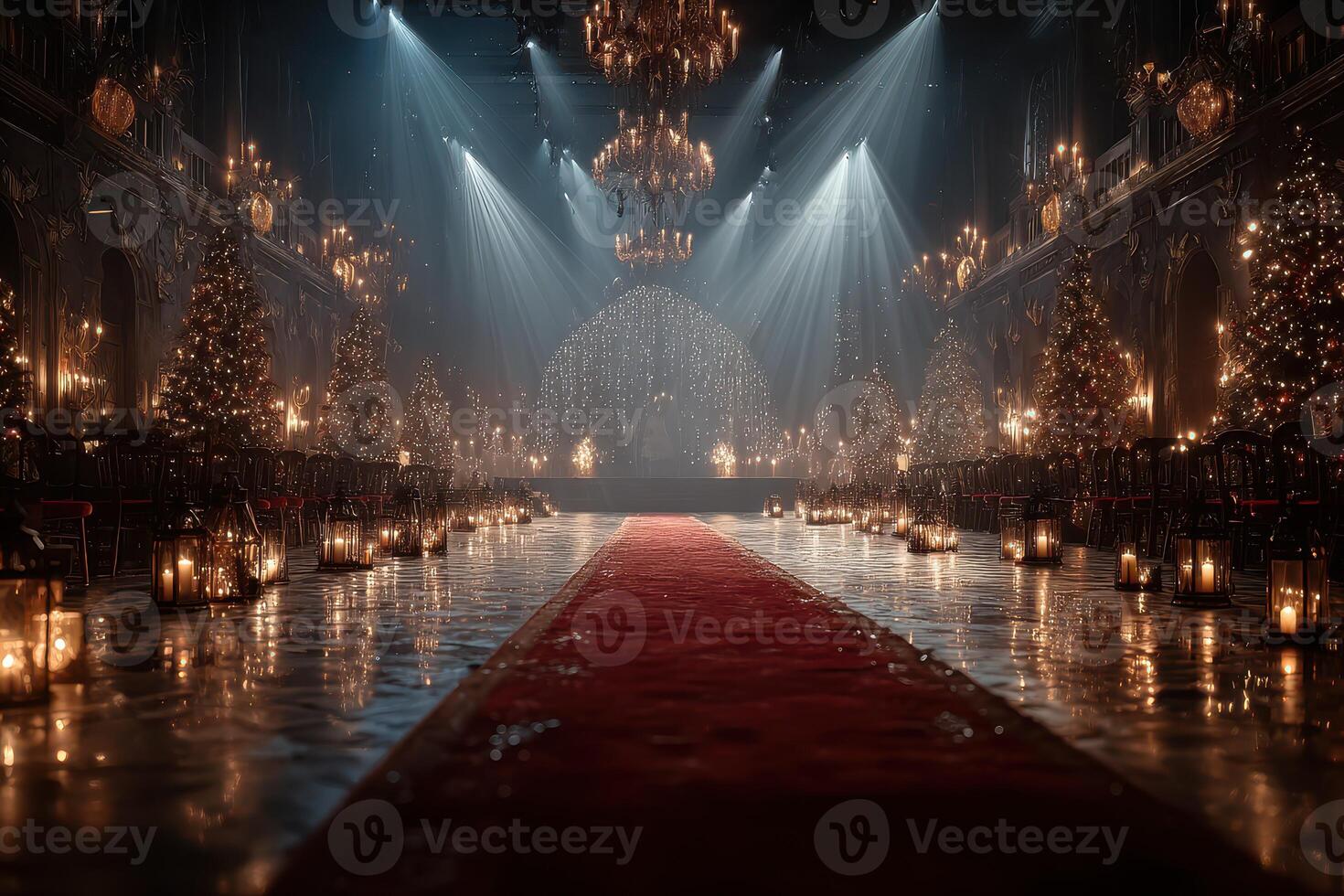 Elegant winter celebration in a grand hall decorated with twinkling lights and festive ornaments photo