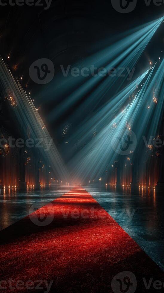 Elegant red carpet leading to a spotlight in a grand, dimly lit venue showcasing exquisite lighting effects photo
