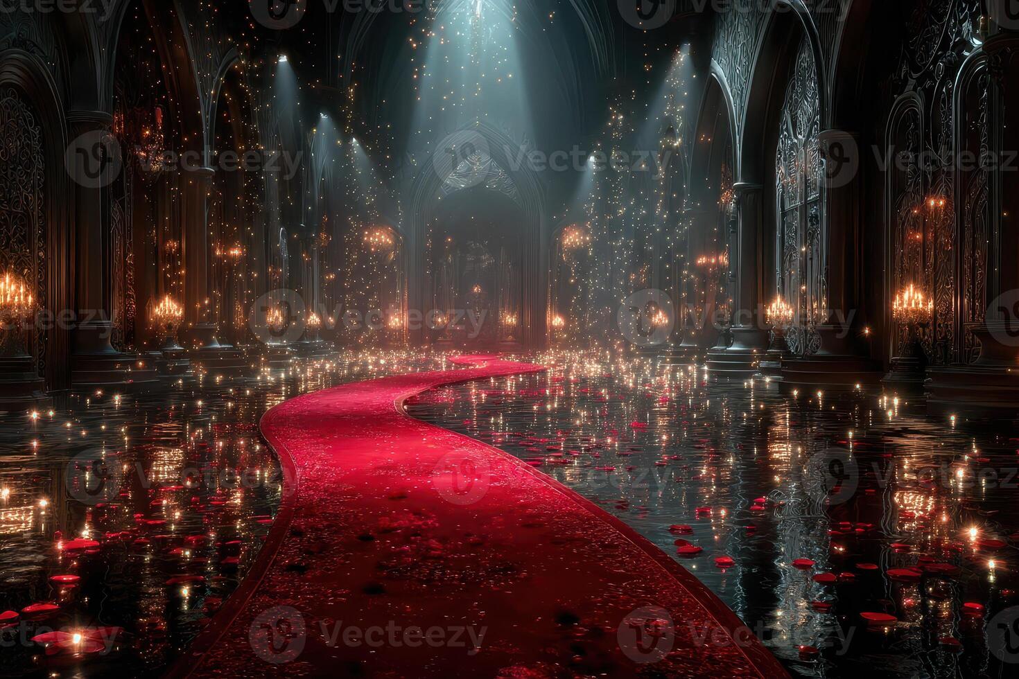 Elegant ballroom illuminated by soft lights with a red carpet and scattered rose petals in a grand setting photo