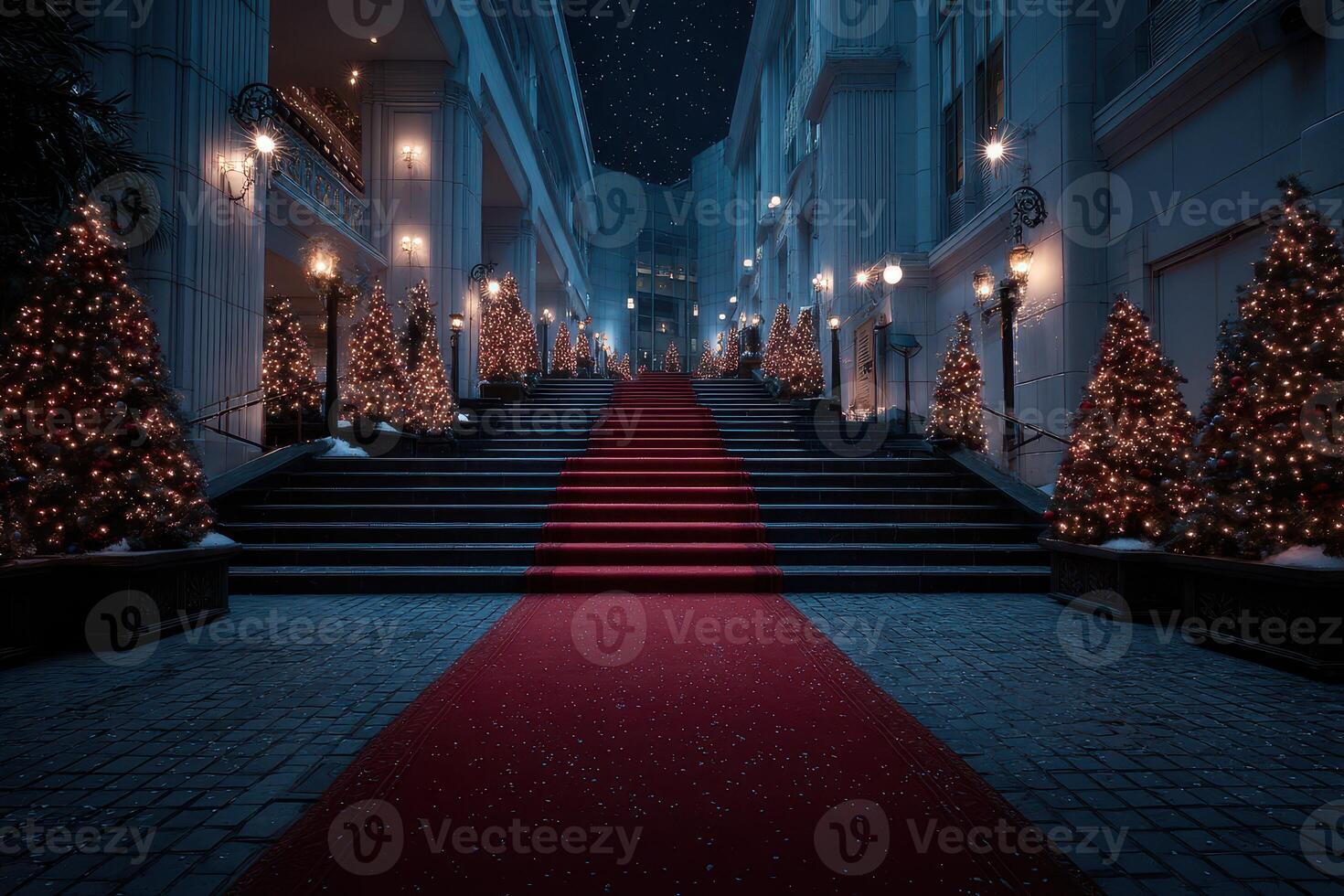 Elegant red carpet leading up a grand staircase lined with festive Christmas trees at night in a beautifully lit location photo