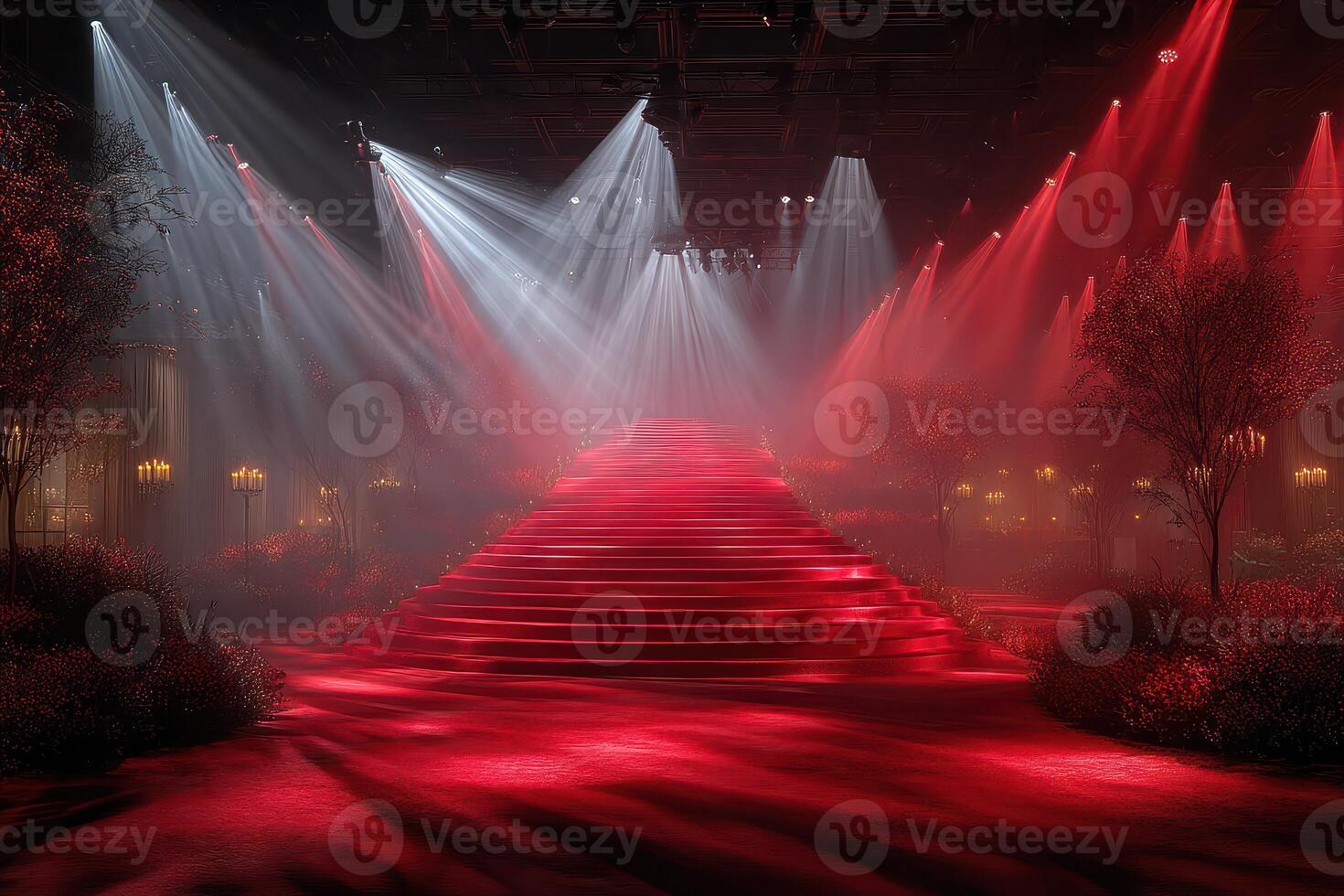 Stunning red and white light display highlights elegant stairs in a sophisticated event venue at night photo
