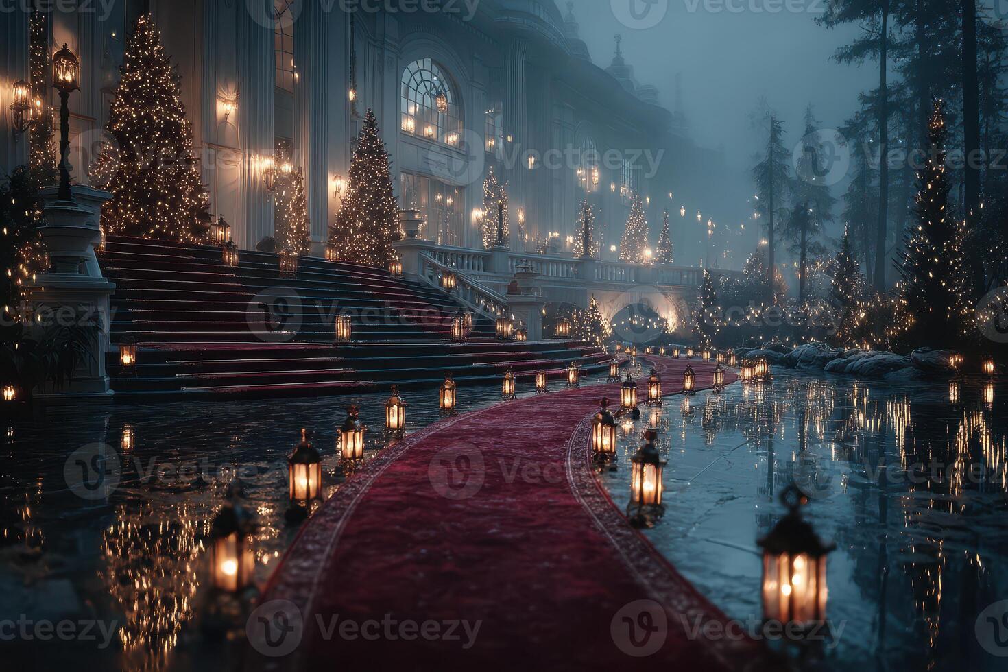 Enchanting winter evening at a grand estate decorated with lights and lanterns during the holidays photo