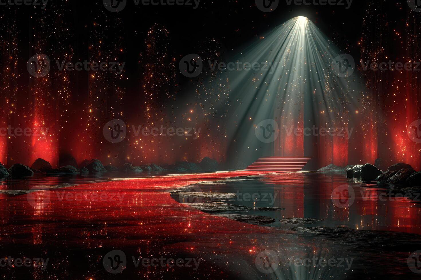 Illuminated pathway through a dark landscape with red hues and glowing reflections during a mystical night scene photo