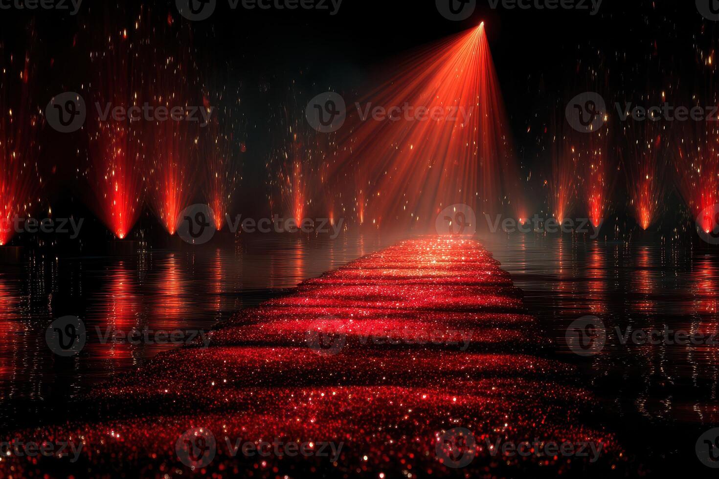 Elegant red carpet leading to illuminated stage with sparkling lights in a dimly lit venue during a gala event photo