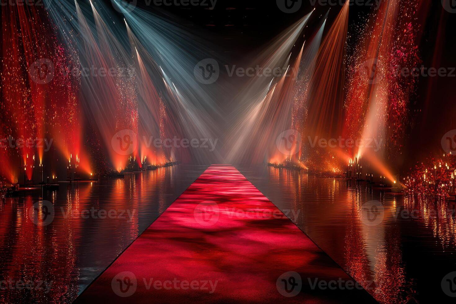 Stunning runway illuminated by colorful lights creates a dramatic atmosphere for a fashion event in the evening photo