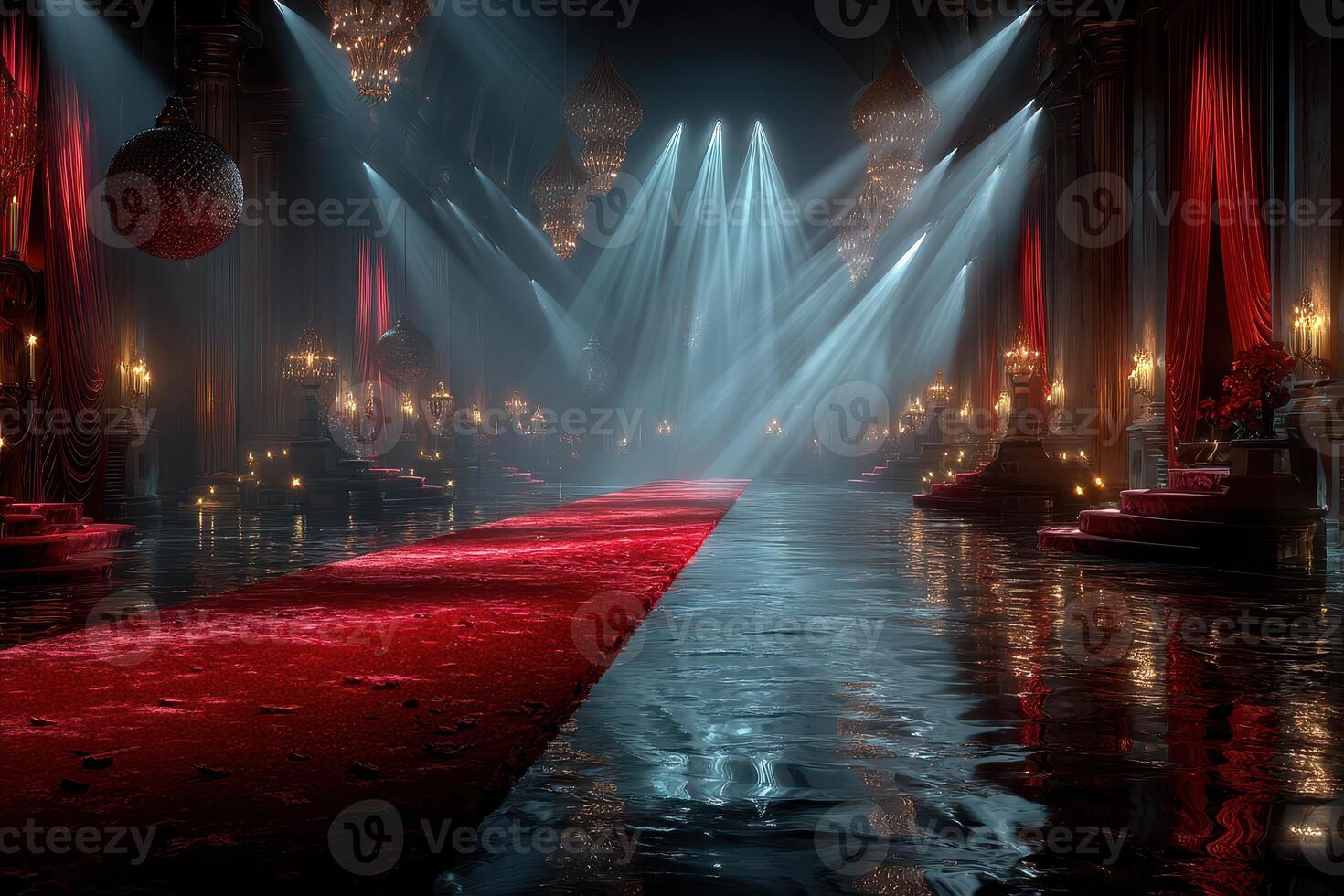Dramatic interior of a grand hall with red carpet and ambient lighting in a luxurious setting photo