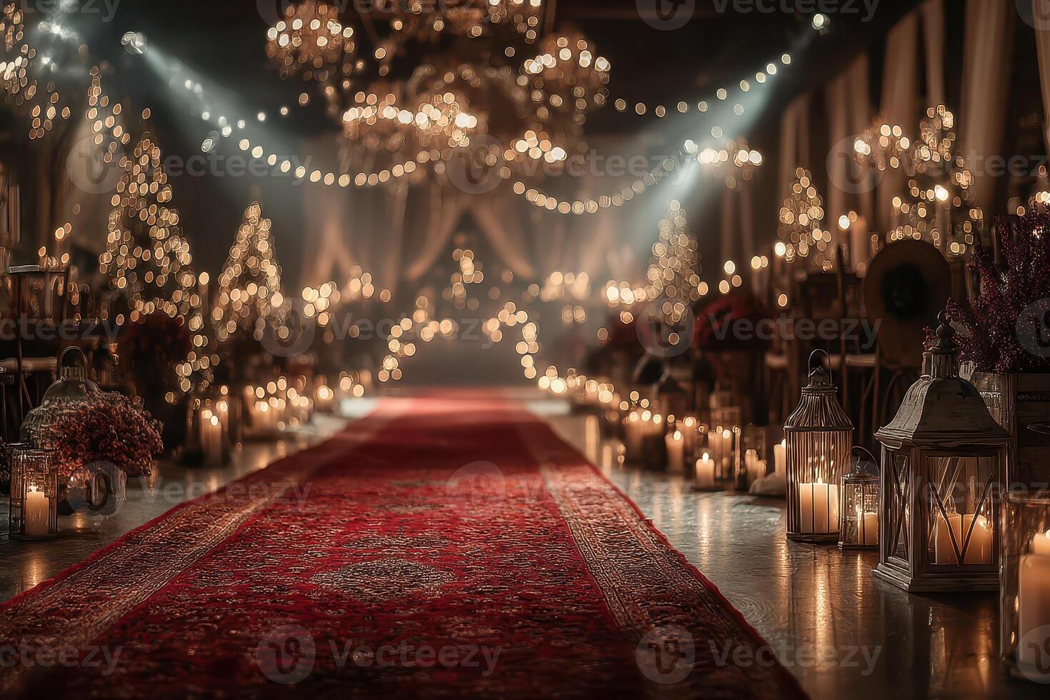 Romantic candlelit ceremony in an elegantly decorated venue with a vibrant red carpet photo
