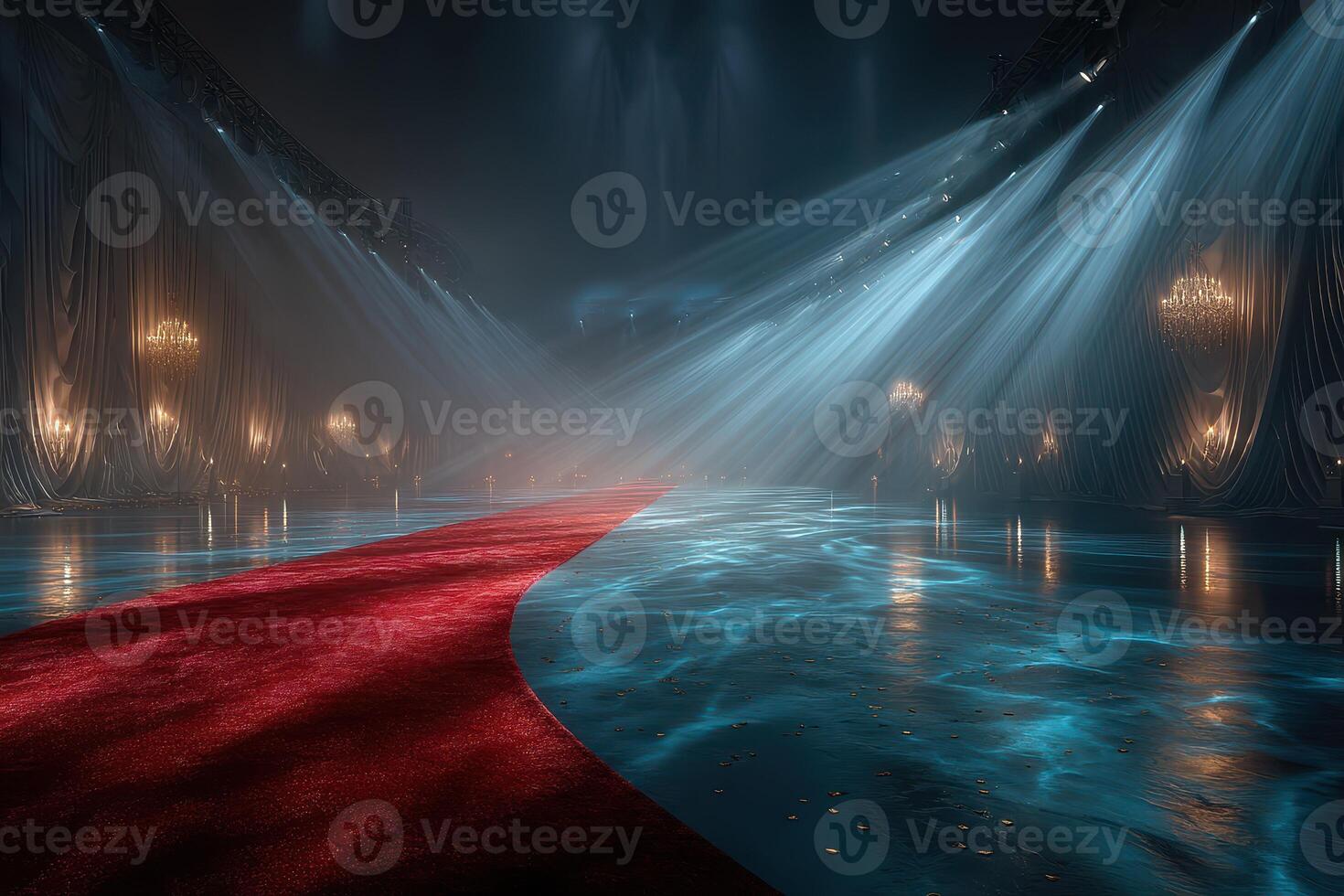 Luxurious red carpet leading to an elegant venue illuminated by dramatic lighting photo