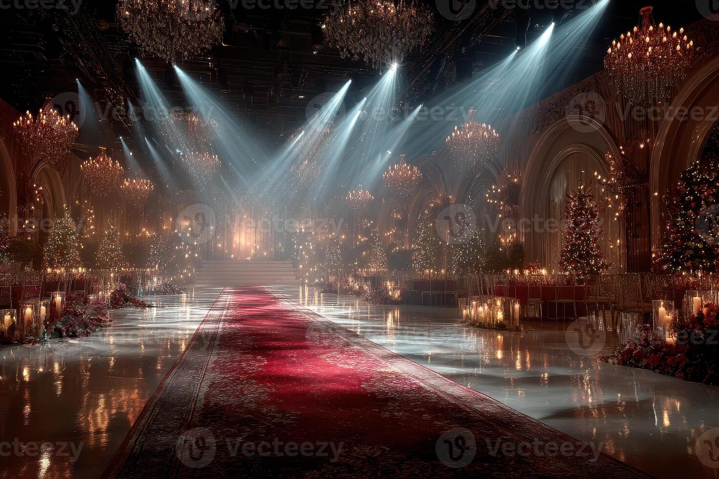 Elegant ballroom illuminated by chandeliers with festive decorations and gleaming floors during a winter celebration photo