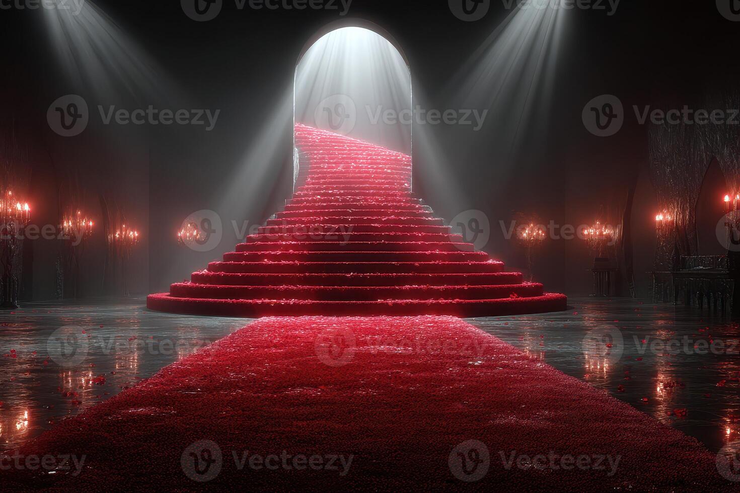 Majestic staircase adorned with red petals in a dimly lit hall with elegant lighting photo