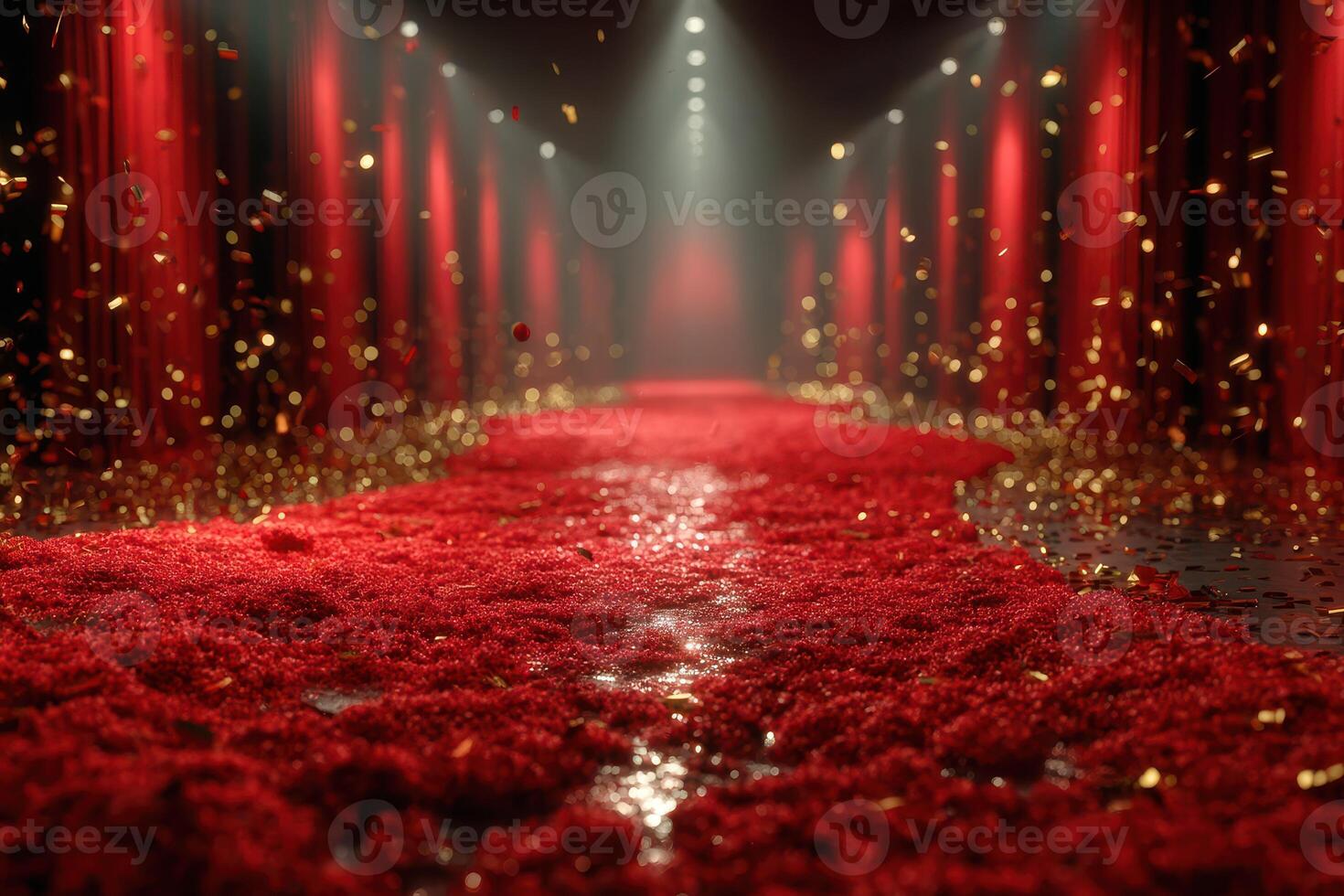 Red carpet path lined with golden confetti under dramatic lighting in a festive hall setting photo