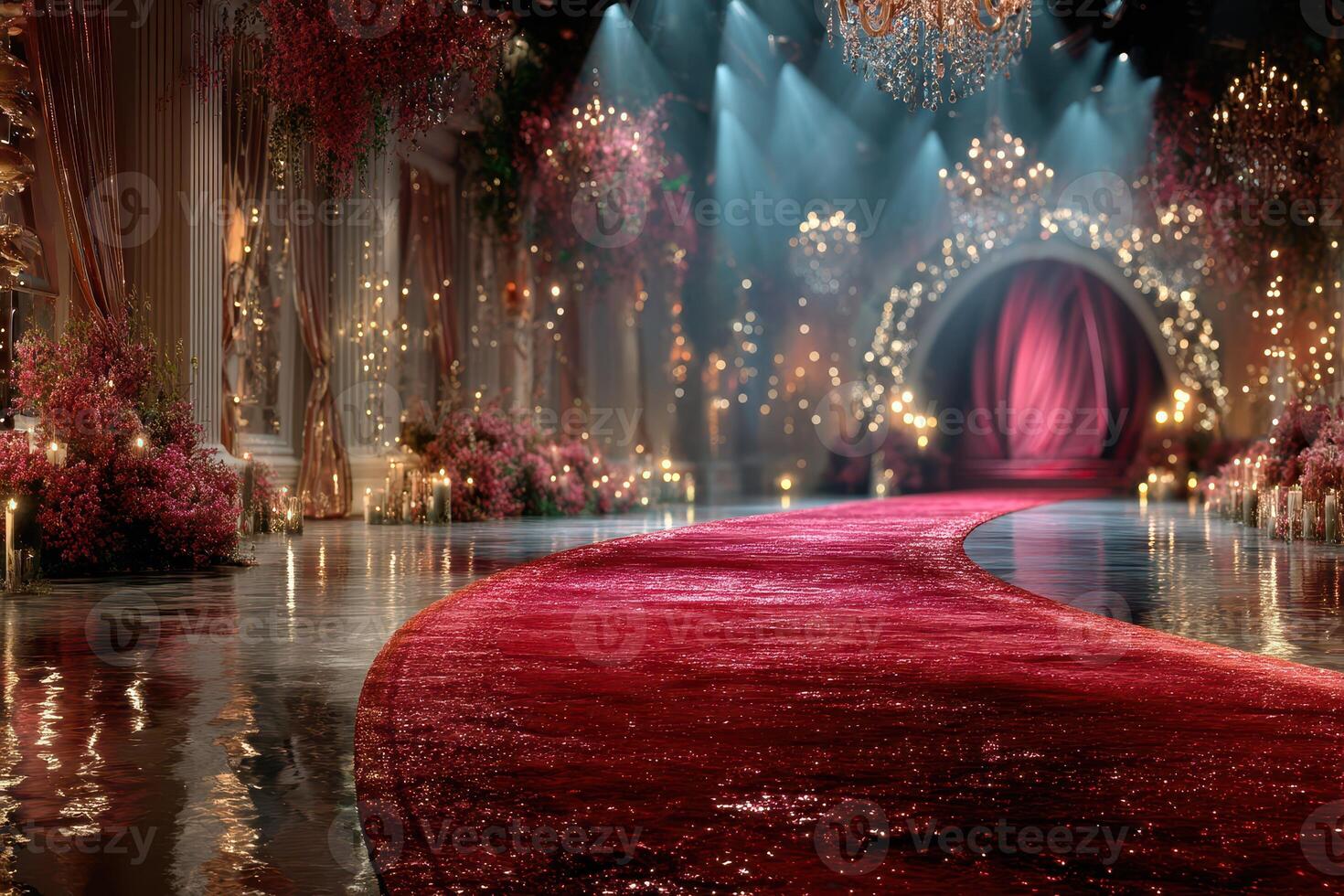 Elegant red carpet pathway illuminated by chandeliers in a lavish indoor setting during an evening gala photo