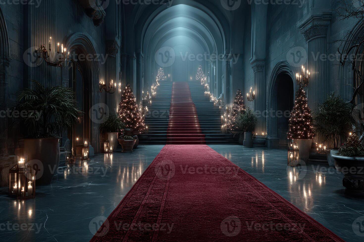 Elegant staircase with festive decorations in a dimly lit hallway during holiday season photo