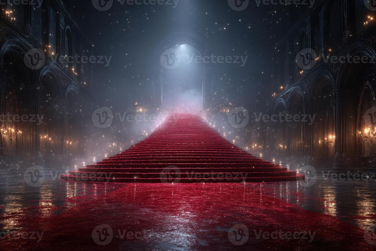 Majestic red staircase in an ancient hall illuminated by soft light and mist at night photo