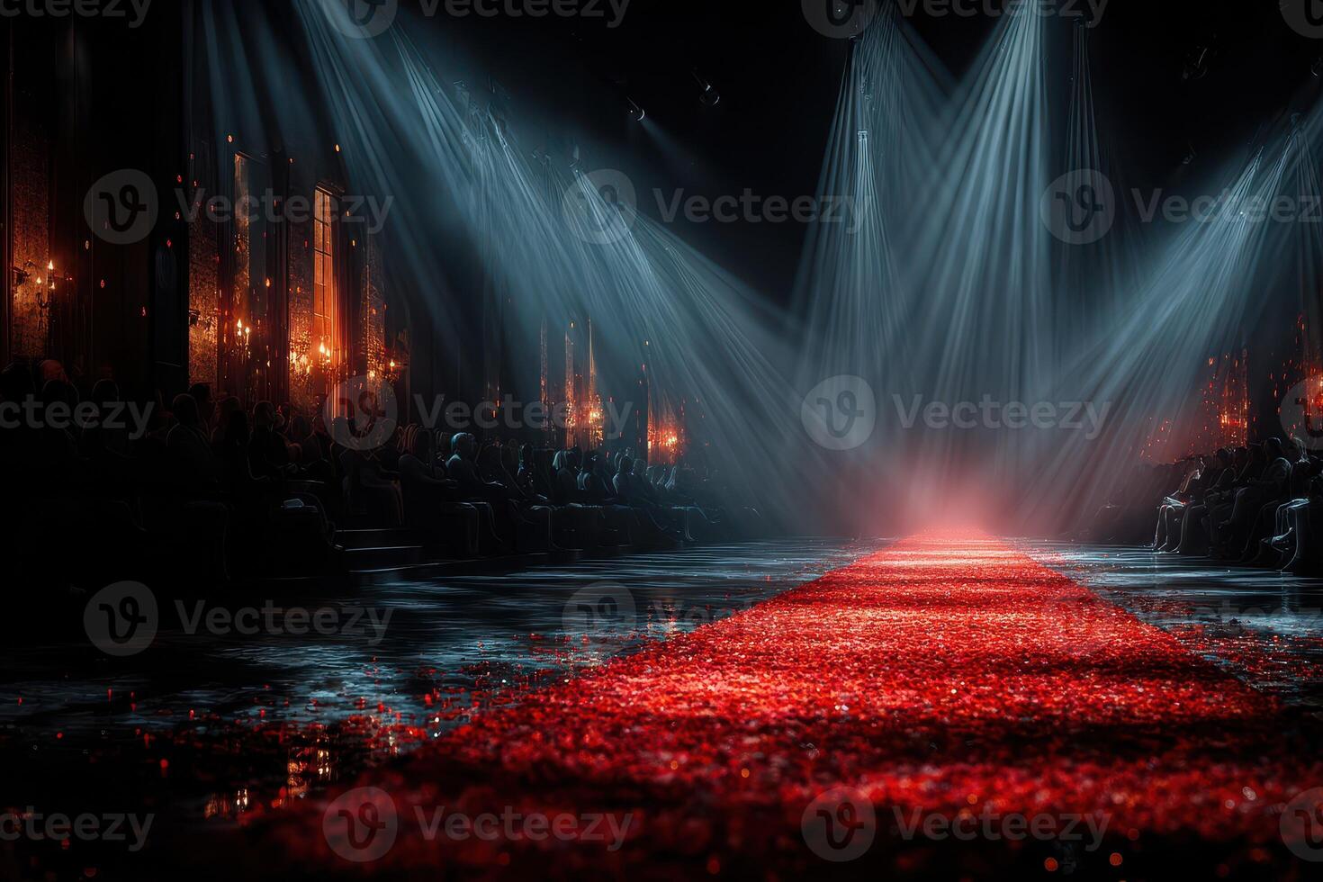 Stylish runway adorned with red carpet and dramatic lighting during a fashion show in an upscale venue photo