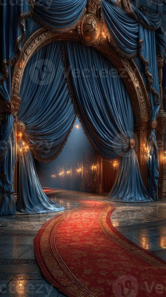 Elegant theater entrance with blue drapes and red carpet leading into a grand hall at dusk photo