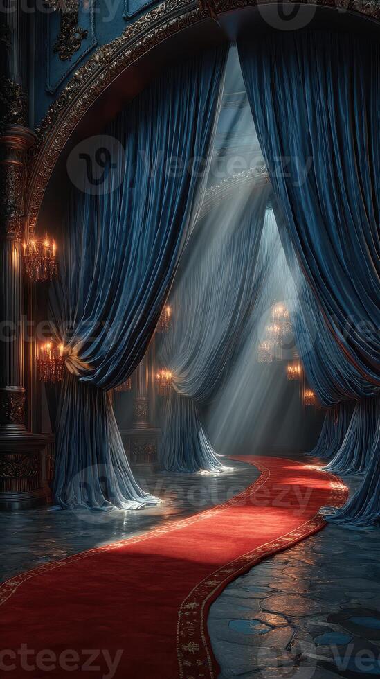 Elegant interior with blue curtains and red carpet illuminated by soft light beams photo