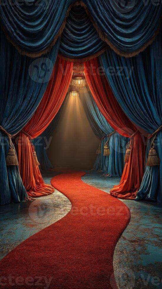 Red carpet pathway leading into a grand theater with ornate curtains in vibrant colors photo