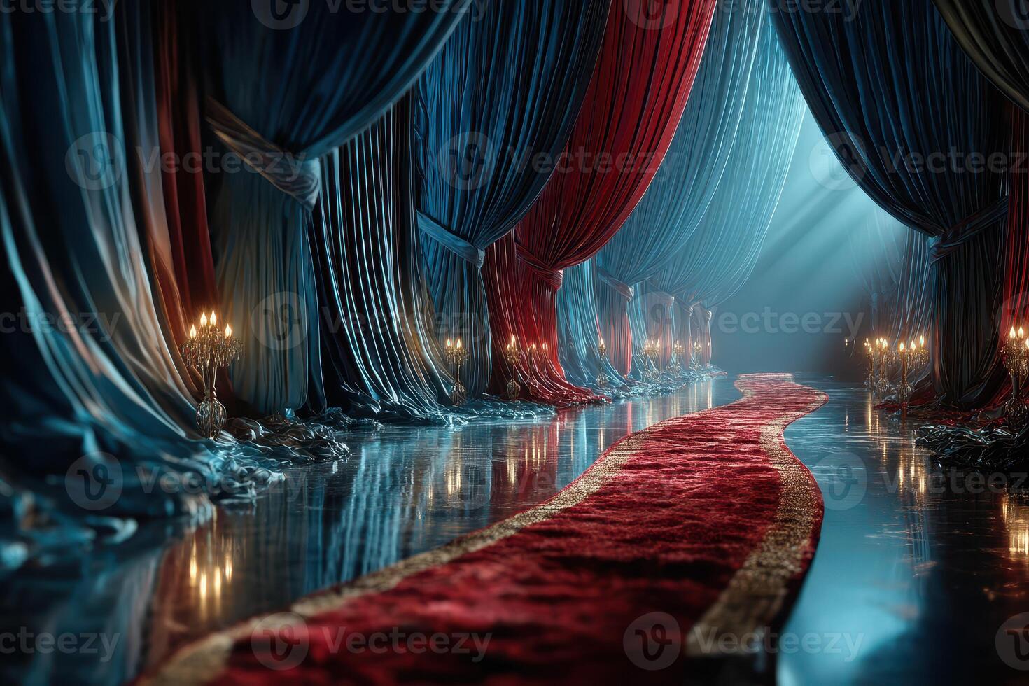 Elegant red carpet leading through luxurious draped curtains in a dimly lit venue photo