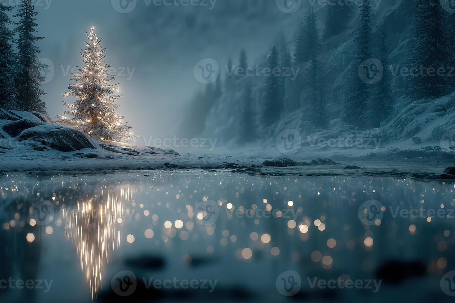 Snow-covered landscape with illuminated Christmas tree near a tranquil river at dusk during the winter season photo