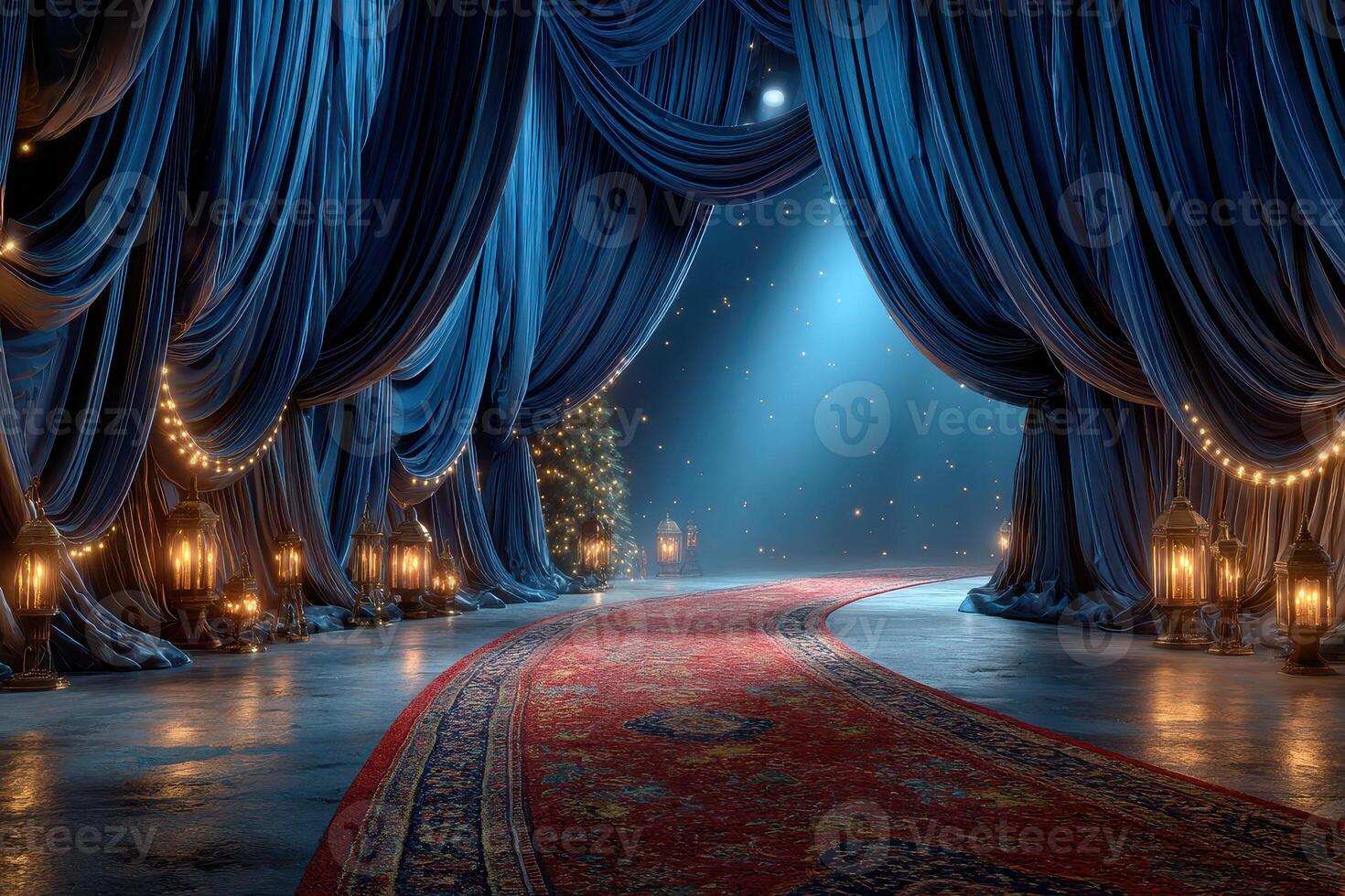 Glimmering pathway leads to a mystical experience beneath deep blue drapes and warm lantern light photo