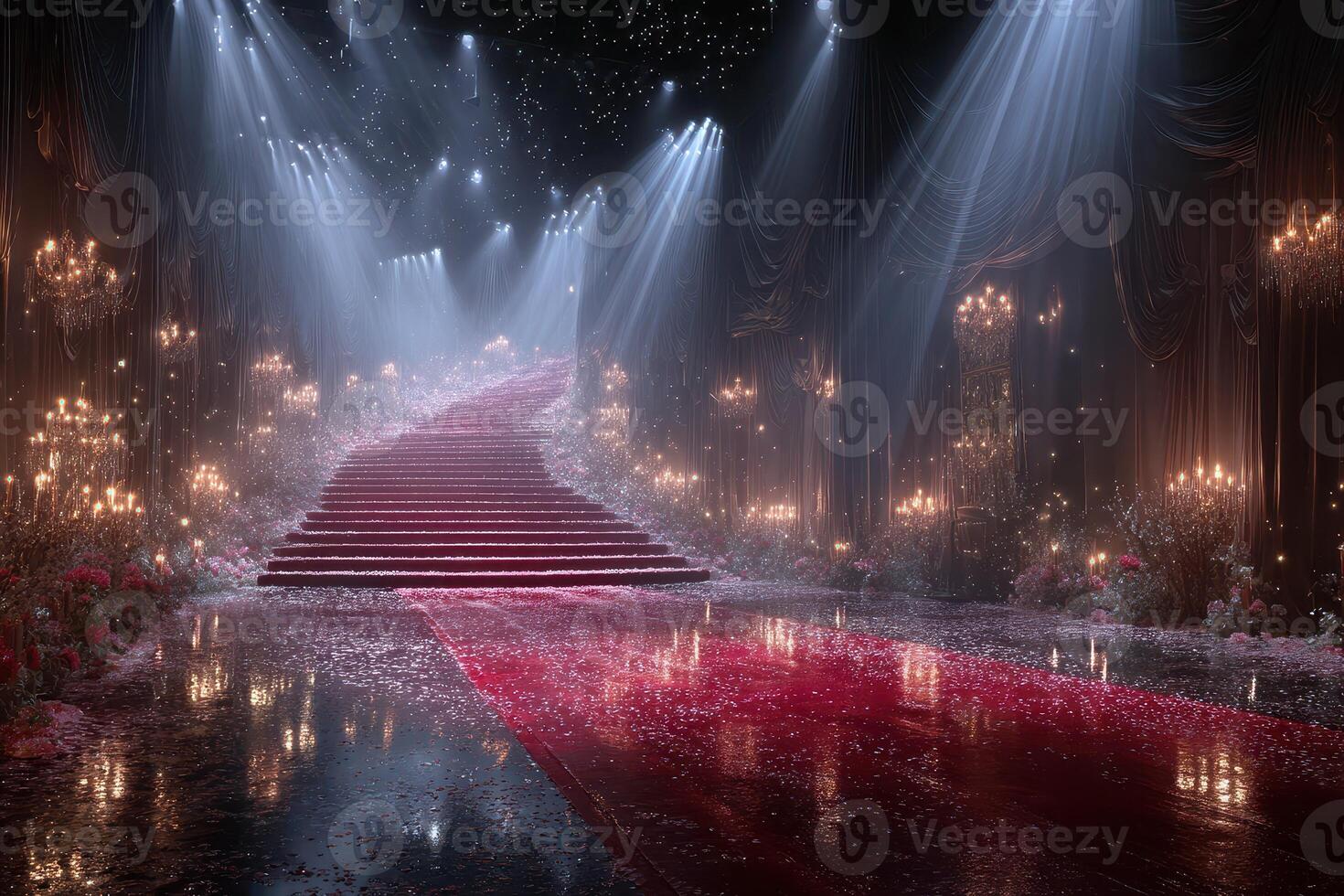 Grand staircase adorned with sparkling lights and floral arrangements for a luxurious evening event photo