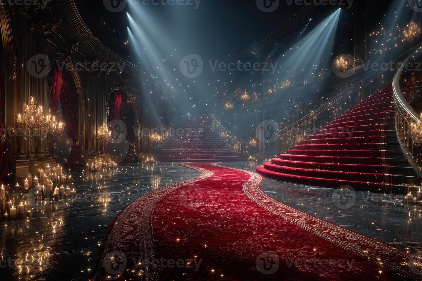 Elegant indoor setting features a grand staircase illuminated by warm light and adorned with candles and luxurious rugs photo