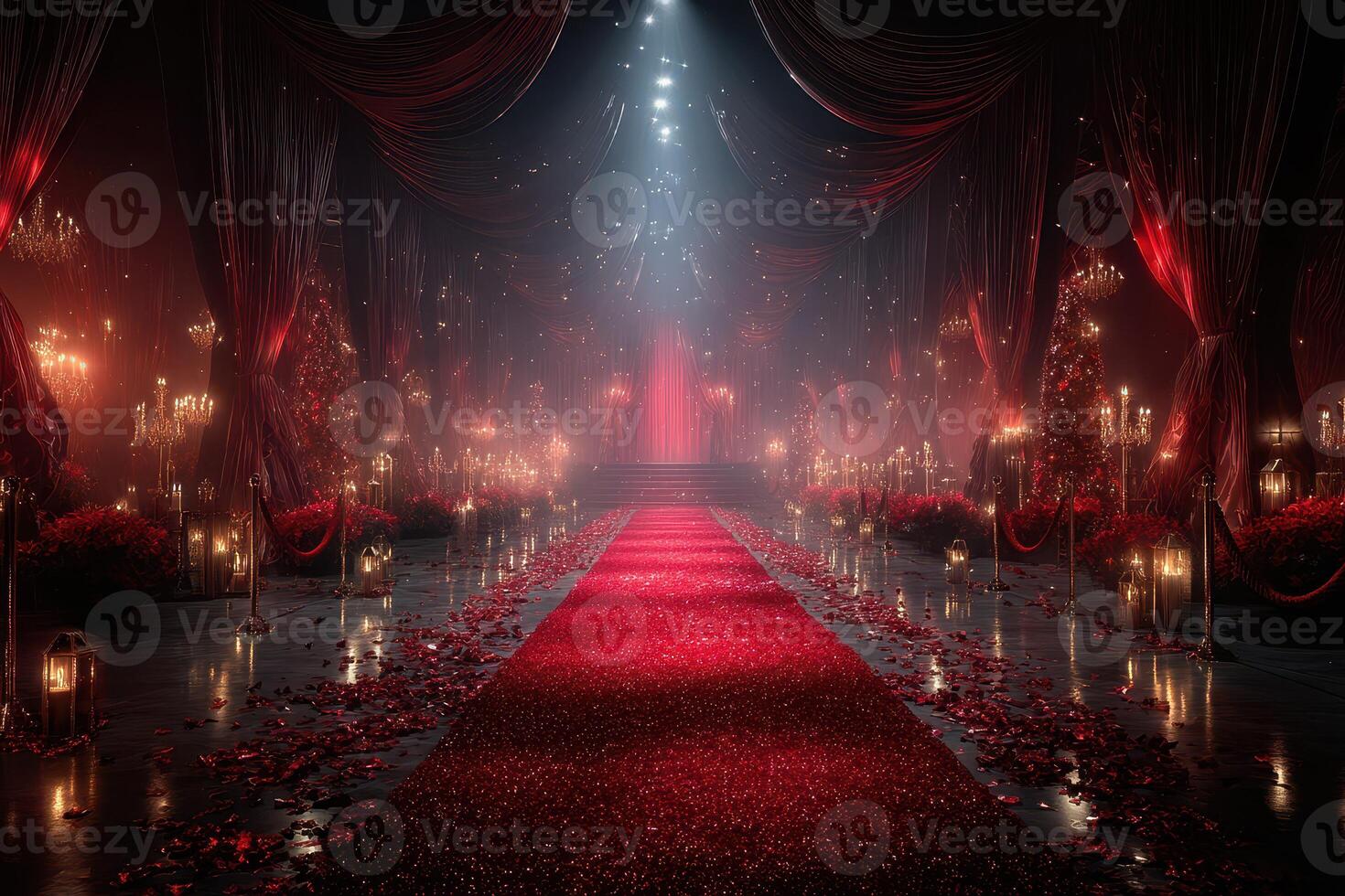 Elegant red carpet setting with ambient lighting and floral decor in a luxurious venue during a gala night photo