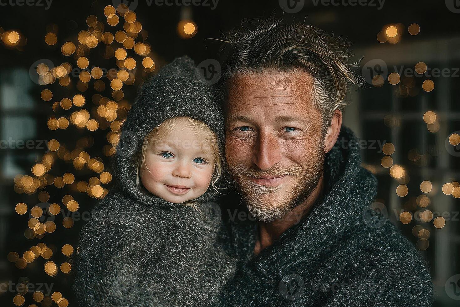 Smiling father holds child in cozy setting decorated for the holidays in winter photo